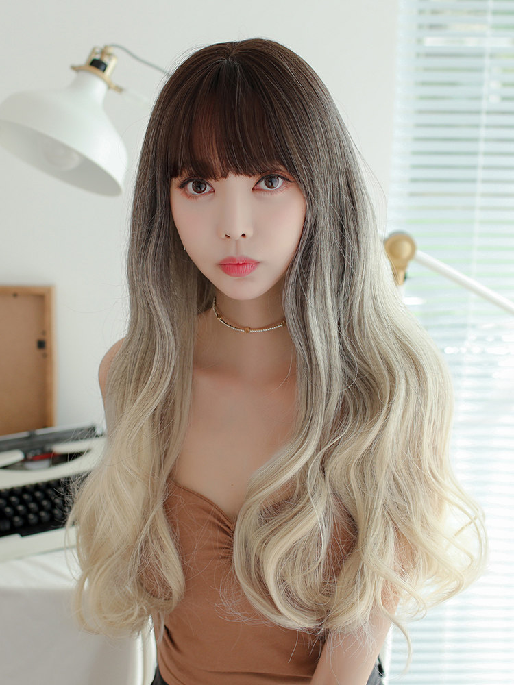 七街皇后金色假发女长发自然奶茶三色长卷发可爱网红渐变色中长发