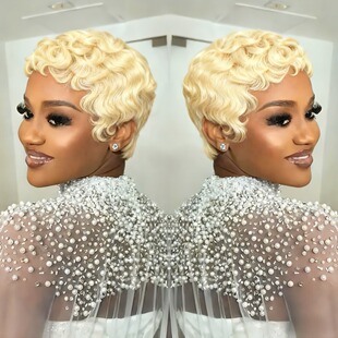 613 with hair 金色真人发 Cut human Pixie Curly Blonde Wave