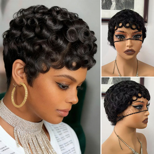 跨境外贸假发非洲卷发平克小精灵短款头套Human Hair Pixie Wigs