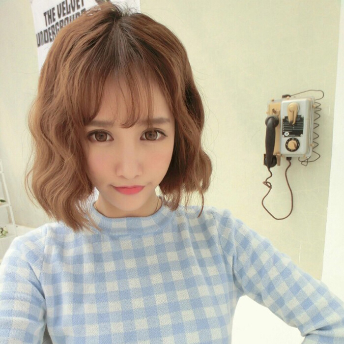 安娜罗韩式时尚女生短发空气刘海棕色泡面卷波浪蛋卷头自然假发套