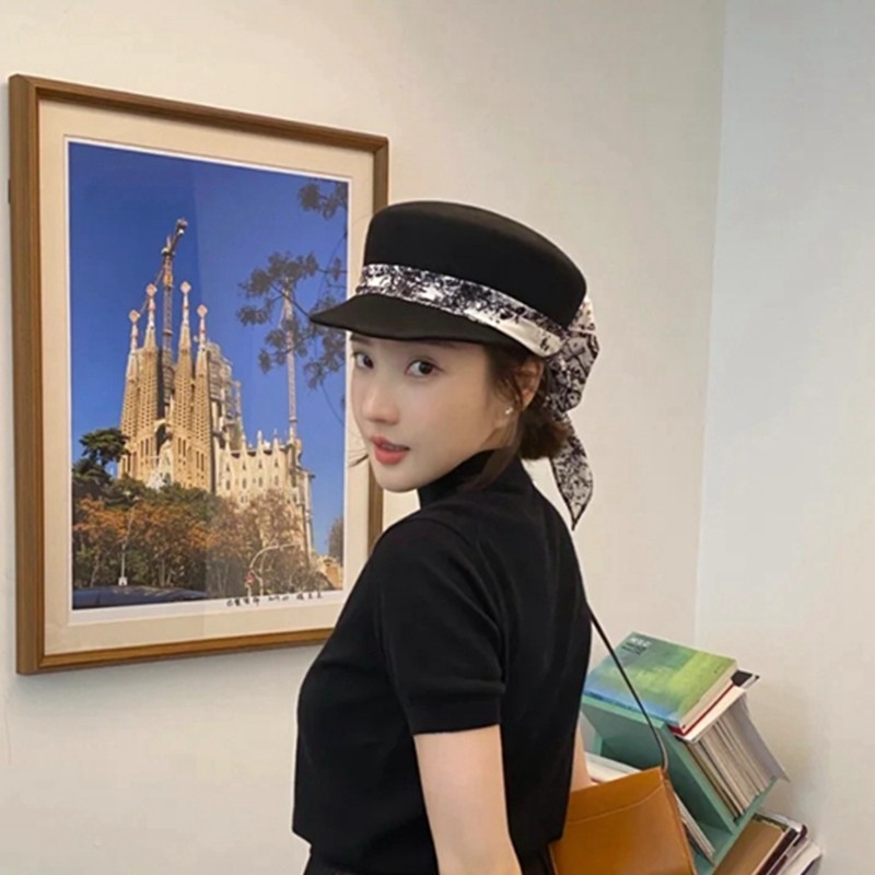 秋冬新款m字母丝绸蝴蝶结羊毛呢平顶鸭舌帽马术帽韩版显脸小ins女