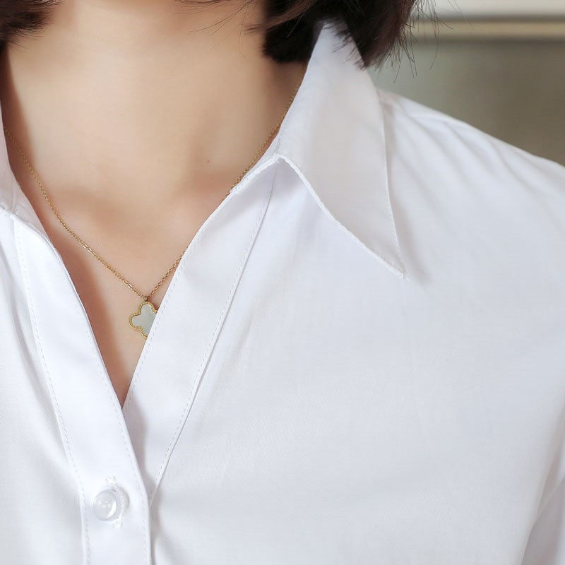 女白衬衫长袖上衣职业V领防走光修身气质收腰工服正装通勤平纹胖M