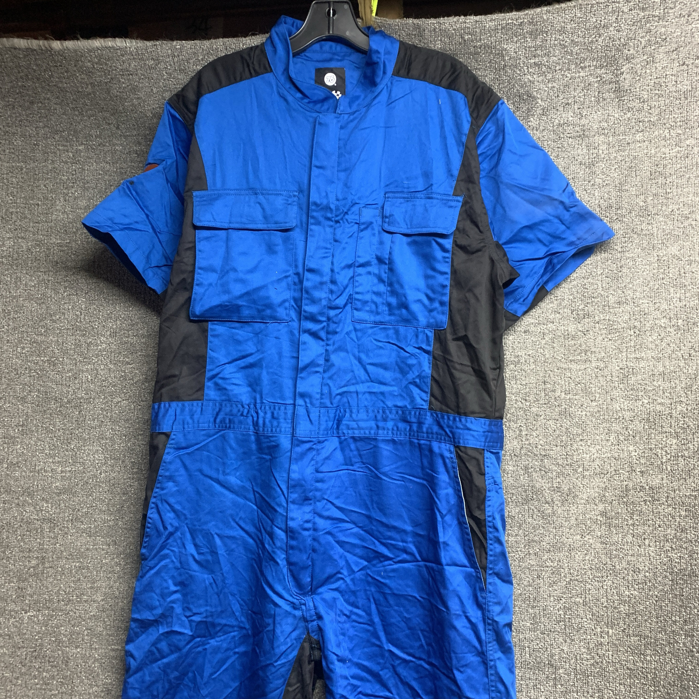 出口日本76夏季短袖连体服蓝色拼色赛车服大口袋街舞服汽修工作服