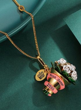 新款外贸juicy珐琅彩釉蝴蝶结白色玫瑰花束吊坠项链甜美毛衣链女