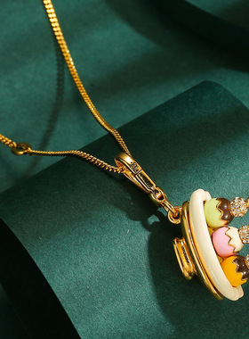 新款百搭铜镀金外贸饰品珐琅彩釉镶钻冰淇淋香蕉船吊坠项链包挂件