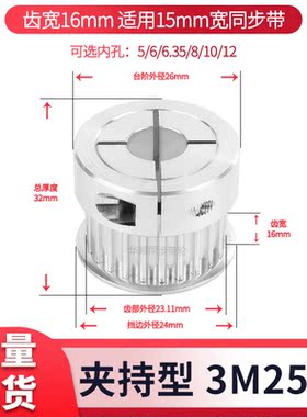 夹持型同步轮3M25齿宽16内孔5 6 6.35 8 1012现货HTCPA3M同步带轮