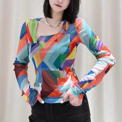 长袖休闲常规印花聚酯纤维女T恤