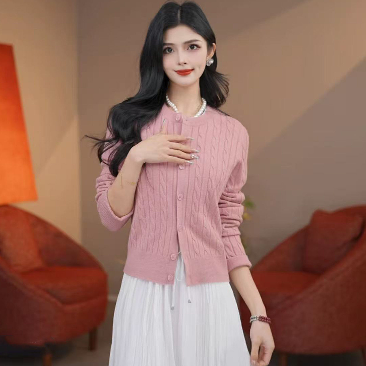 专柜商场同款2025新款百搭时尚圆领麻花针织开衫女毛衣外套148041