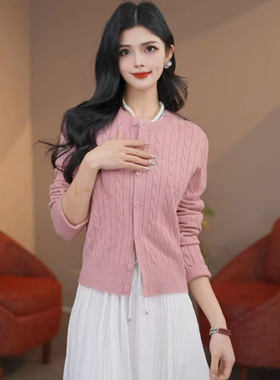 专柜商场同款2025新款百搭时尚圆领麻花针织开衫女毛衣外套148041