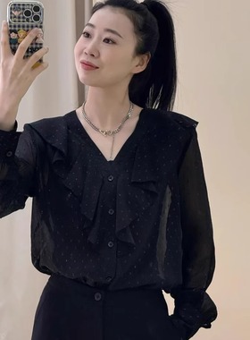 哥家专柜同款2026春夏款气质百搭V领花边波点长袖透视衬衫530032