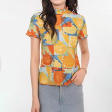 哥家专柜同款2025夏新款木耳领时尚浪漫百搭短袖印花女T恤5300603