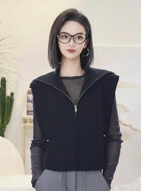 哥家专柜同款2026春秋纯色大翻领马褂式舒适绵羊毛马甲女1399766