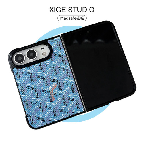 高级感浅蓝狗牙皮质纹磁吸Magsafe适用于苹果折叠屏手机壳新款iPhone18Duo防摔iPhoneDuo保护套男女款