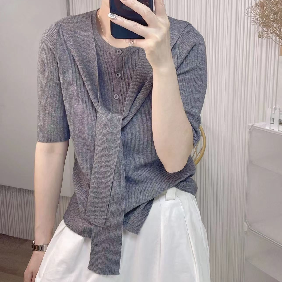 韩版修身羊毛针织色圆领上衣和披肩围巾假两件套针织短袖L3815