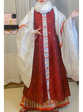 汉服出租砚滨纱寻梅明制暗纹纱织金仿花萝红色长比甲毛边加厚秋冬