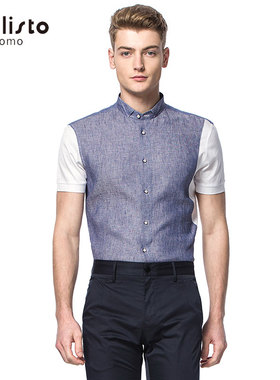 CALLISTO卡利斯特时尚男士立领亚麻拼接短袖休闲衬衫SJCSS013WH