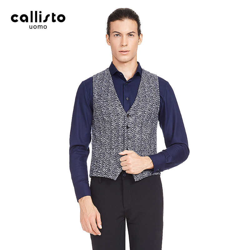 callisto卡利斯特男青年商务休闲马甲时尚人字纹百搭羊毛V领背心