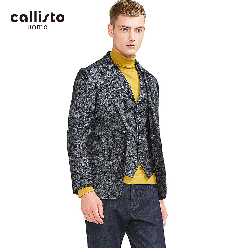 callisto卡利斯特男士西服马甲灰色棉毛混纺绅士修身时尚西服马甲