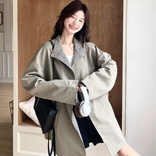 日系复古立领高级穿格子风衣外套女秋冬新款宽松中长款英伦风大衣