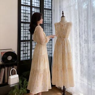 欧美港风韩国chic荷叶边碎花长裙女休闲设计感边泡泡袖连衣裙