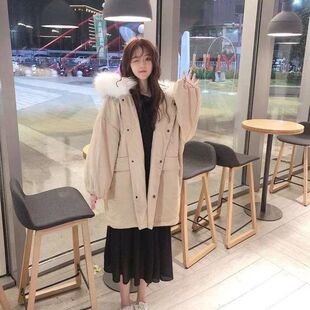 冬季新款中长款韩版宽松大毛领棉衣棉服女学生加厚工装开衫外套女