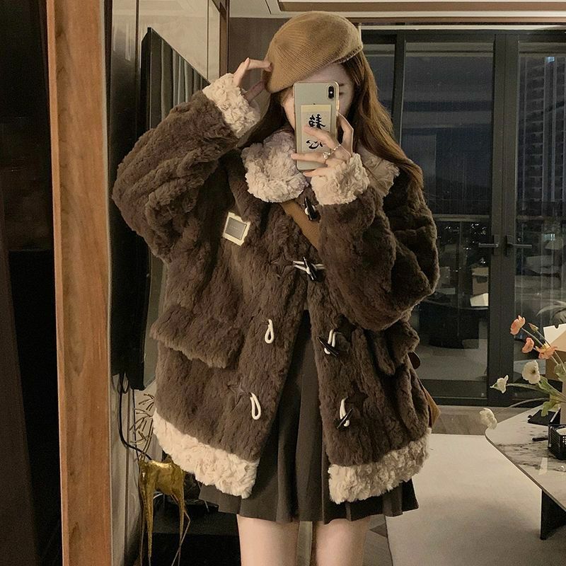 双面绒牛角扣羊羔毛外套女短款秋冬季新款加厚毛绒绒棉服保暖大衣