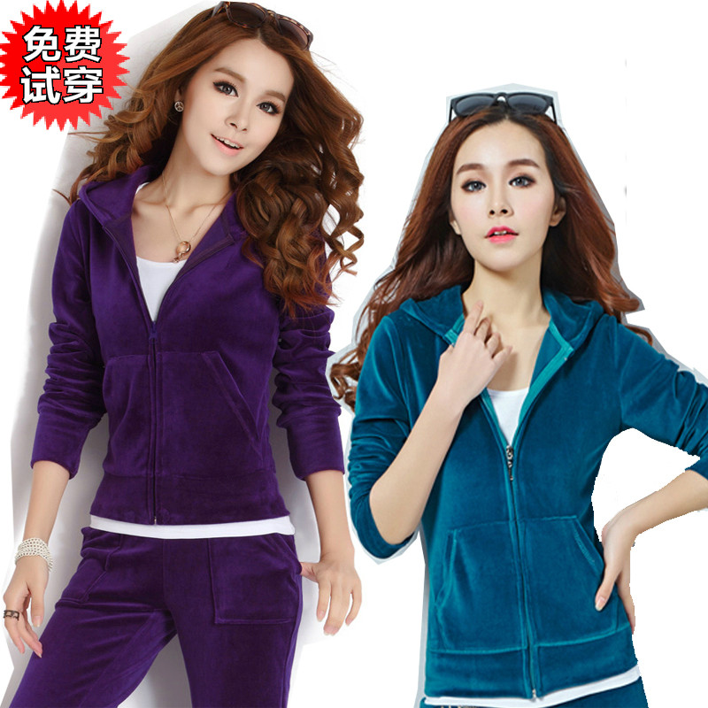 2021韩版新款天鹅绒拉链运动服套装女长袖皇冠刺绣卫衣休闲两件套