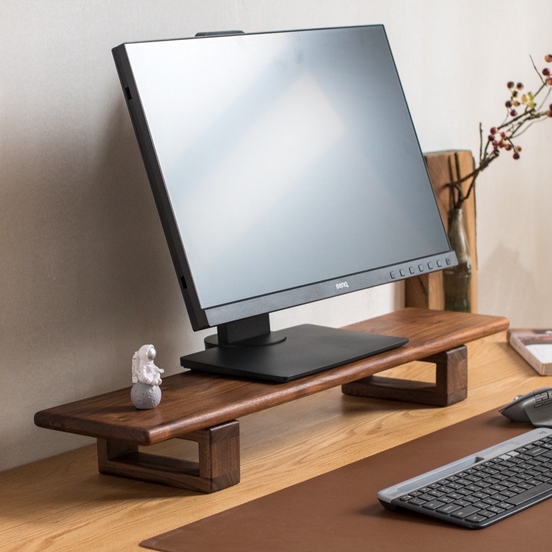 黑胡桃木显示器增高架实木台式电脑双屏幕曲面一体机带线孔免安装