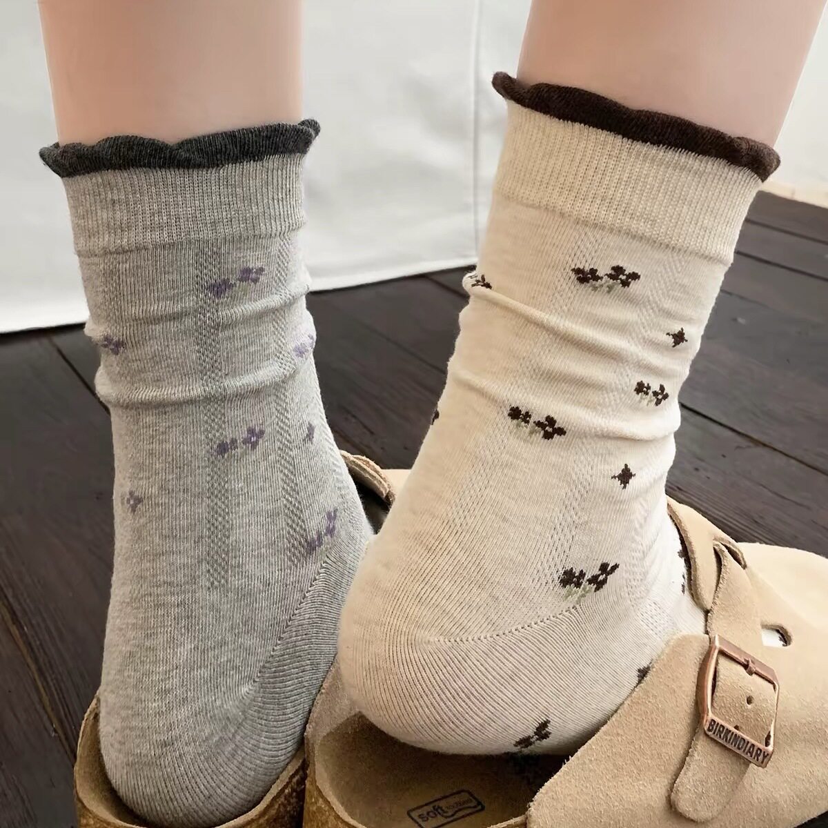 桃喜碎花袜子女中筒袜复古花边棉质无骨堆堆袜长筒袜配小皮鞋百搭