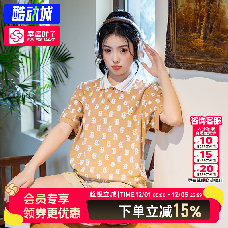 MLB官方男女同款翻领POLO衫冬季新款老花短袖宽松运动服T恤五分袖