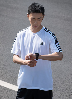 阿迪达斯圆领短袖男装秋季新款三条纹透气运动训练跑步T恤IB8151