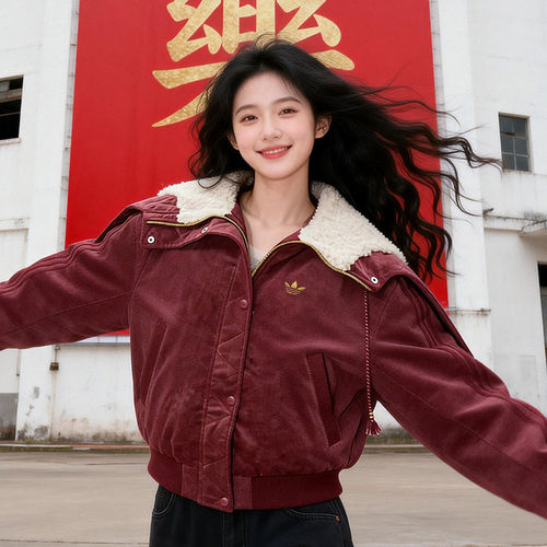 幸运叶子|阿迪达斯三叶草新年款红色棉服女保暖运动休闲短外套