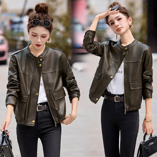 新品现货 时髦百搭皮衣女短款修身皮夹克