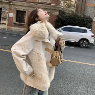 高级感大毛领呢子拼接羽绒服女冬2024新款羽绒内胆呢大衣外套爆款