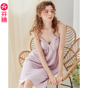 芬腾吊带睡裙女夏季 带胸垫睡衣裙性感纯欲蕾丝家居服中裙 冰丝薄款