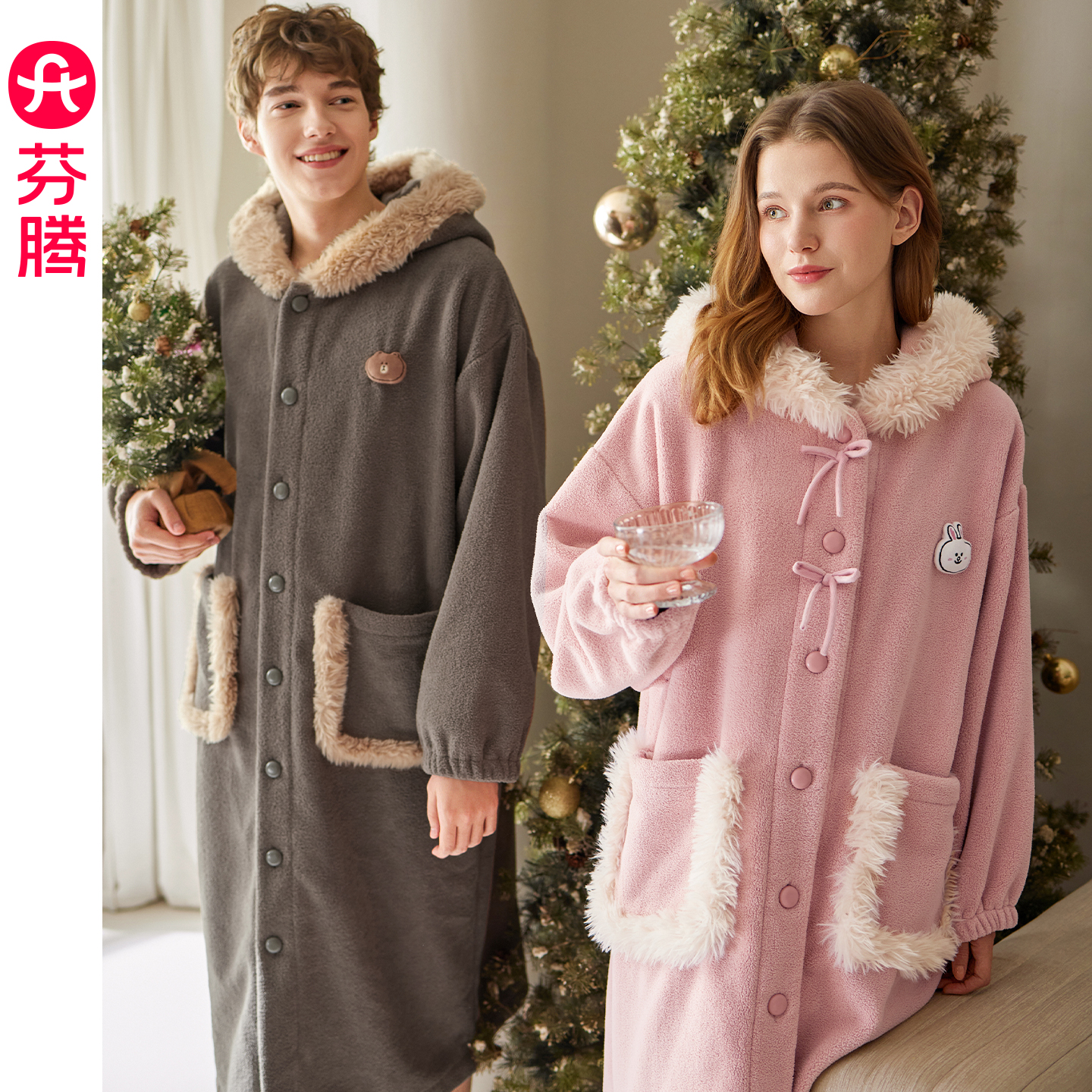 芬腾情侣睡袍秋冬季新款珊瑚绒连帽睡衣可爱布朗熊加绒加厚家居服
