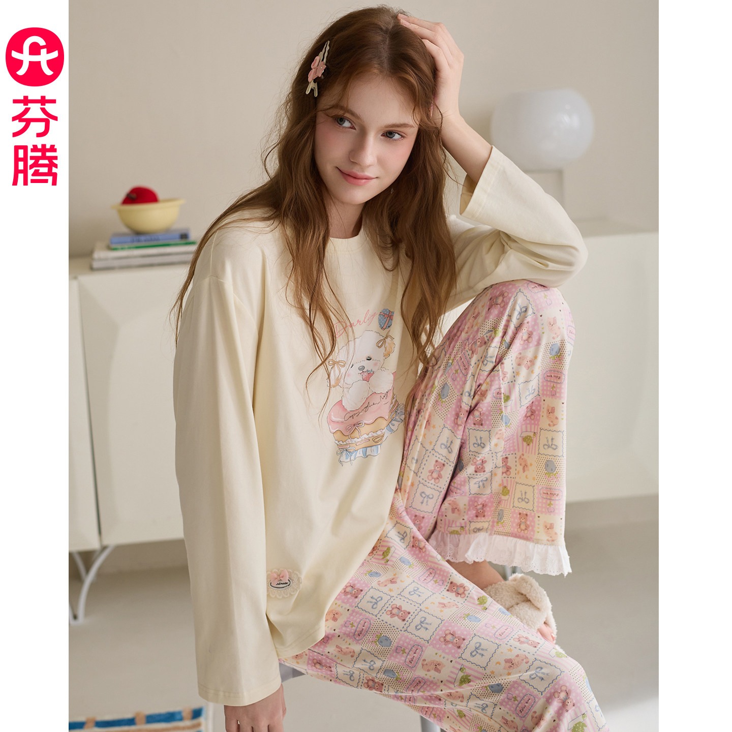 芬腾睡衣女秋季新款纯棉10A抗菌圆领套头卡通可爱休闲家居服套装
