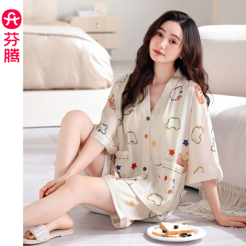 芬腾睡衣女夏季冰丝短袖薄款套装