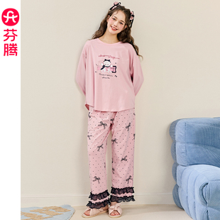休闲大码 芬腾女士长袖 纯棉圆领套头套装 睡衣春秋季 可爱家居服 新款