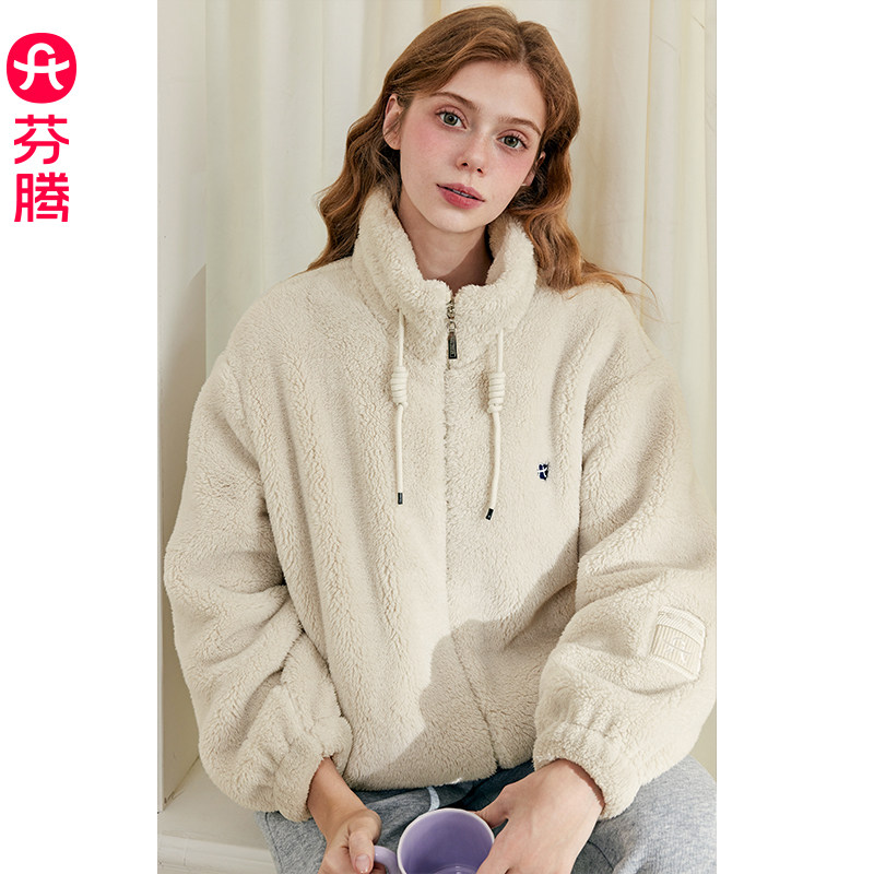 芬腾女士珊瑚绒睡衣上衣秋冬季加绒加厚法兰绒保暖大码休闲家居服