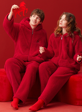 芬腾情侣睡衣秋冬珊瑚绒连帽套装男女款结婚本命年红色家居服冬季