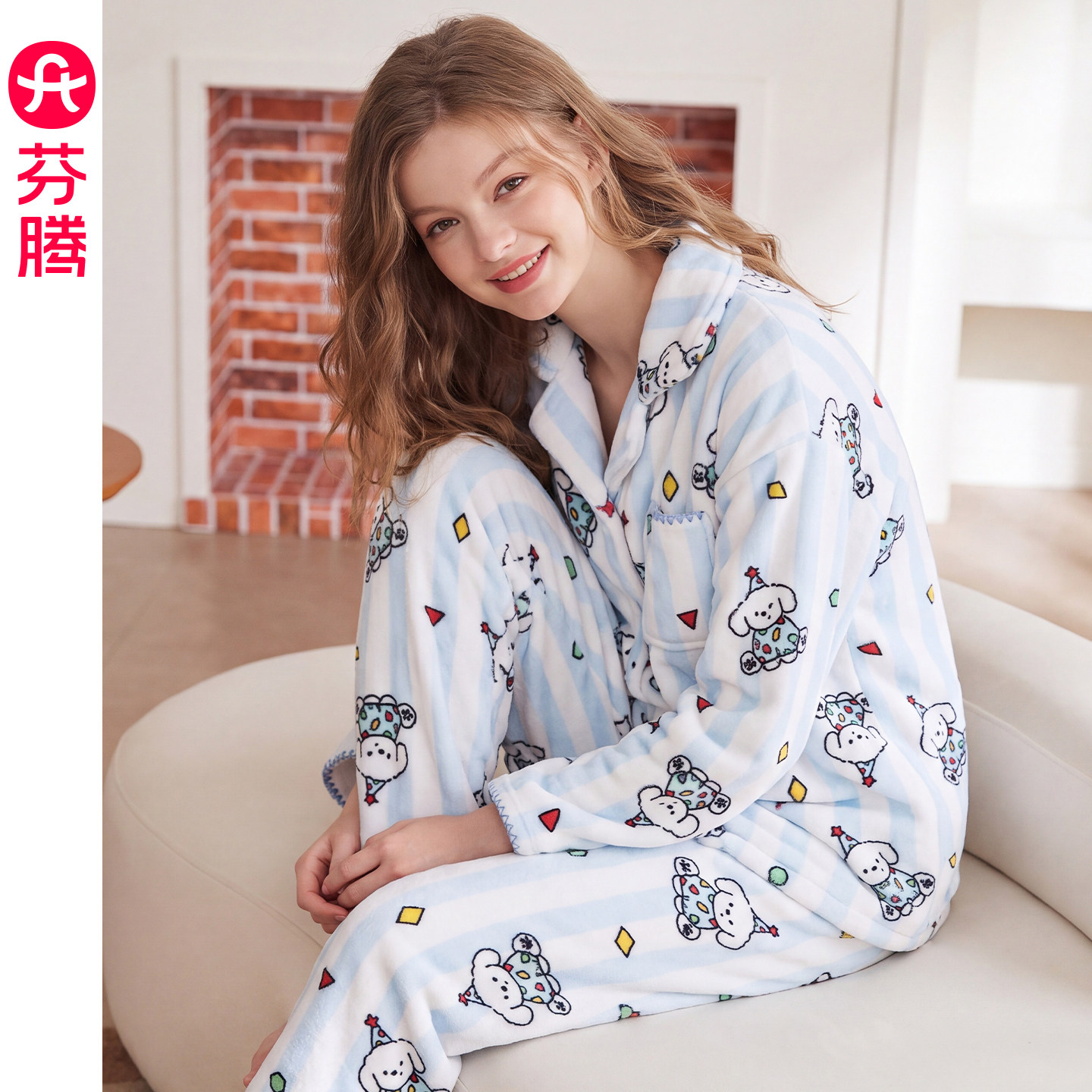 芬腾睡衣女秋冬季珊瑚绒加绒加厚开衫家居服女法兰绒卡通可爱套装