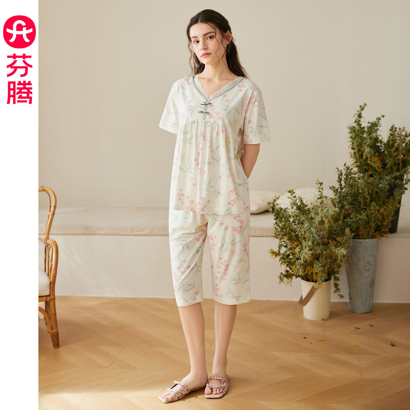芬腾女士纯棉短袖睡衣夏季全棉甜美蕾丝家居服V领宽松七分裤套装