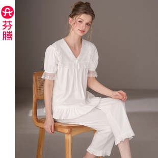 短袖 套装 芬腾夏季 睡衣女士纯棉V领九分裤 家居服 新款 宽松休闲女款