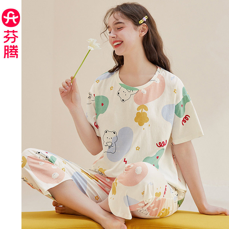 芬腾短袖女夏季纯棉薄款可爱卡通宽松夏天少女大码全棉家居服套装