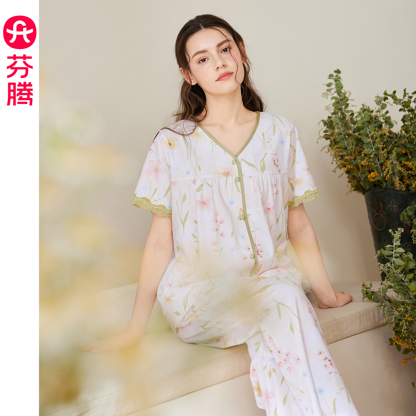芬腾全棉女夏季短袖长裤睡衣套装图片