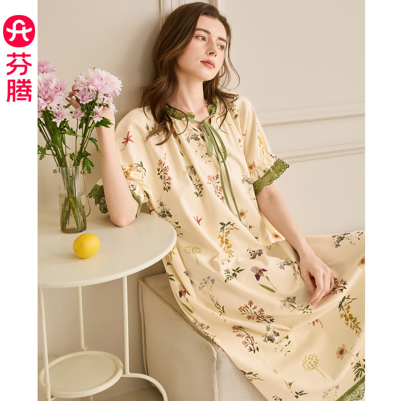 芬腾女士纯棉短袖睡裙夏季薄款全棉舒适家居裙甜美蕾丝花边连衣裙