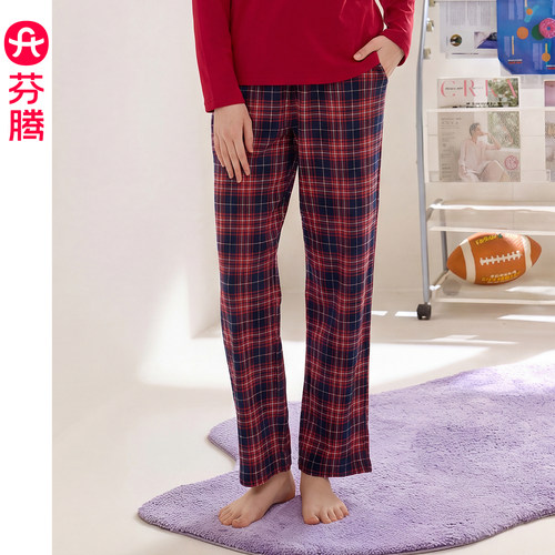芬腾春秋季纯棉格子休闲睡裤女款