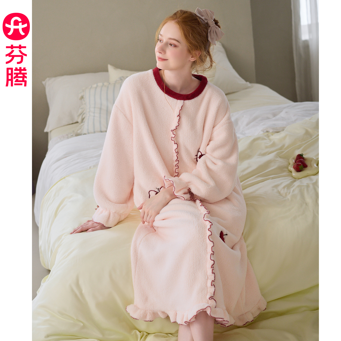 芬腾秋冬季珊瑚绒中长款女士睡裙