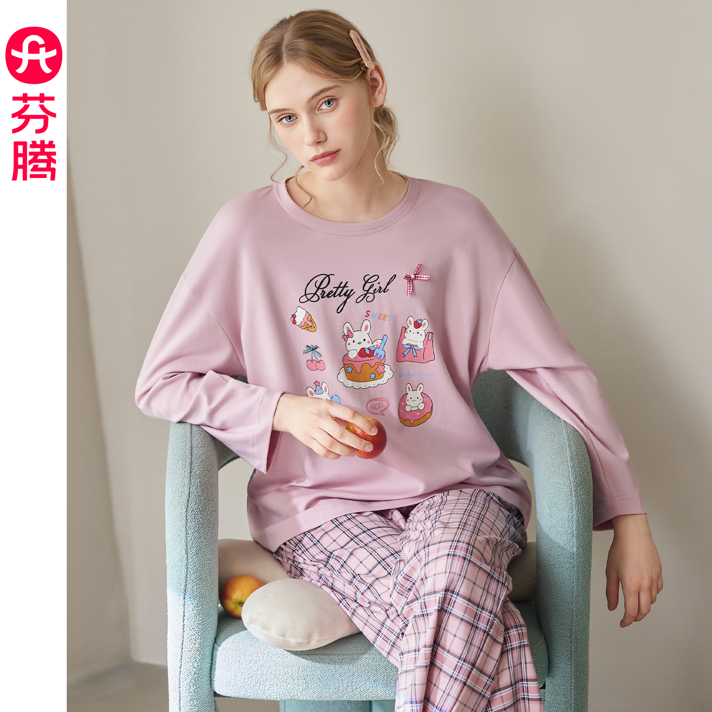 芬腾睡衣女卡通休闲格子长袖套装